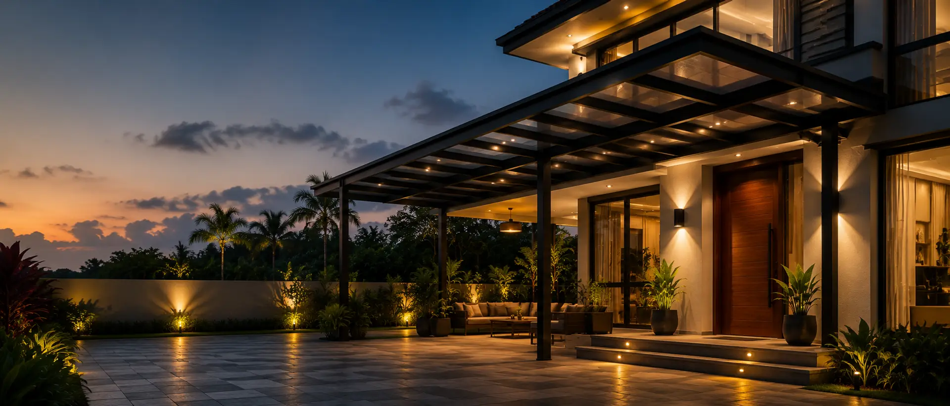 Modern Sri Lankan home with a custom outdoor canopy at dusk